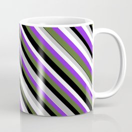 [ Thumbnail: Eye-catching Grey, White, Purple, Dark Olive Green, and Black Colored Lined/Striped Pattern Coffee Mug ]