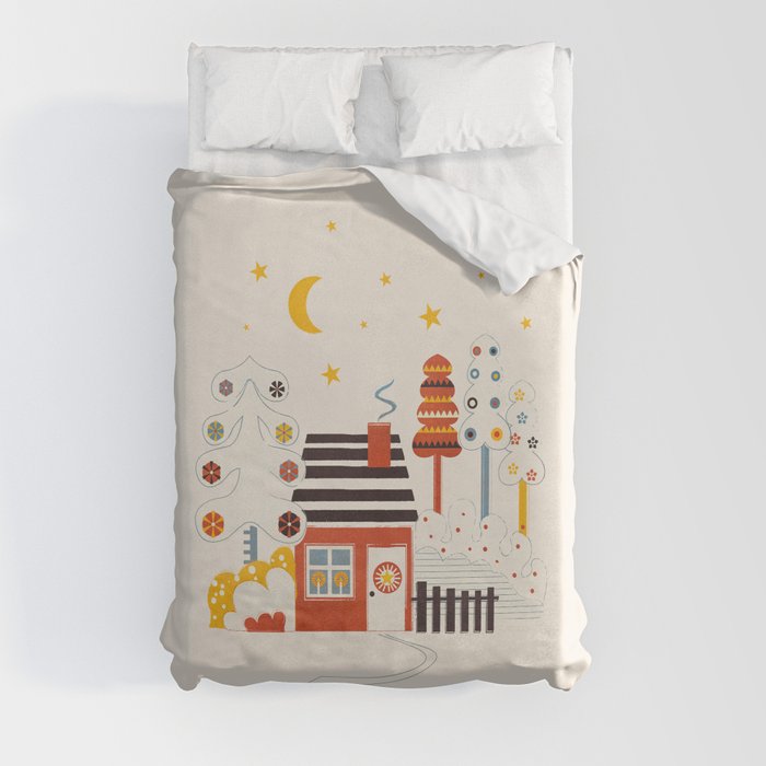 Christmas Winter Hut Illustration Duvet Cover