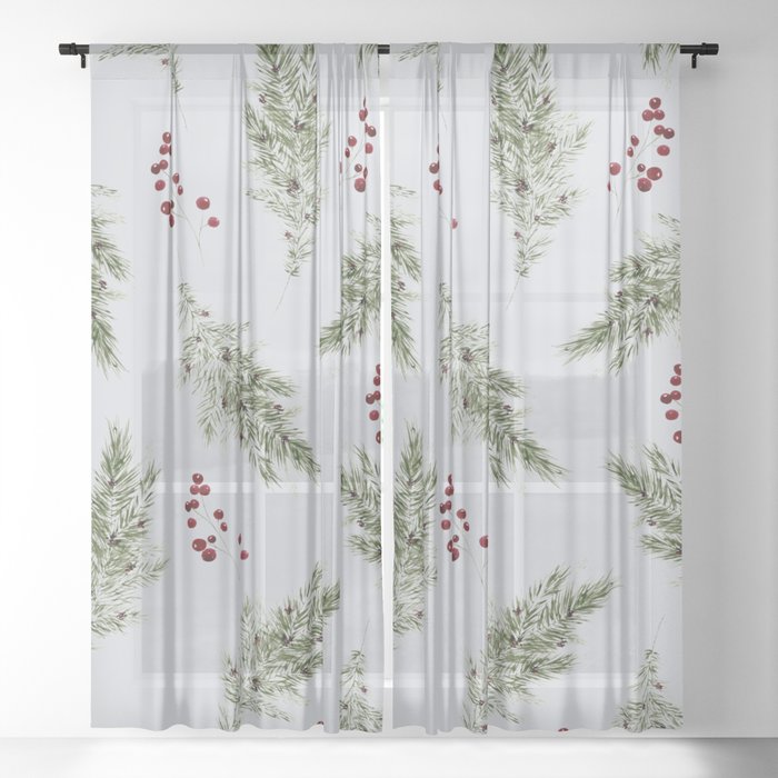 Evergreen & Berries in Winter Grey Sheer Curtain