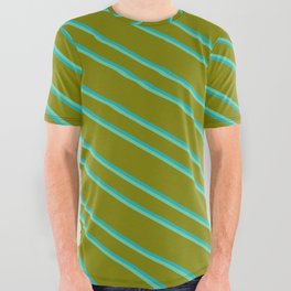 [ Thumbnail: Green, Light Sea Green, and Aquamarine Colored Striped Pattern All Over Graphic Tee ]