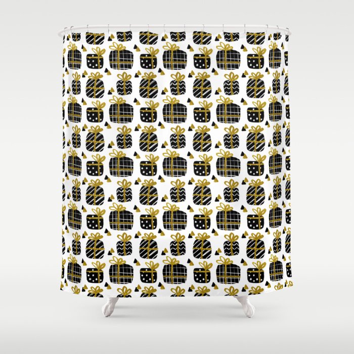 Black and Gold Giftboxes Pattern Shower Curtain