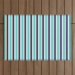 [ Thumbnail: Turquoise, Light Cyan, Midnight Blue, and Tan Colored Stripes/Lines Pattern Outdoor Rug ]