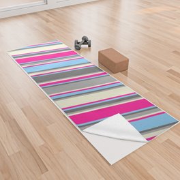 [ Thumbnail: Colorful Light Sky Blue, Dim Grey, Dark Grey, Beige, and Deep Pink Colored Pattern of Stripes Yoga Towel ]