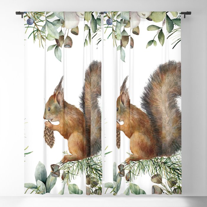 Cute Squirrel and Woodland, Watercolor Blackout Curtain