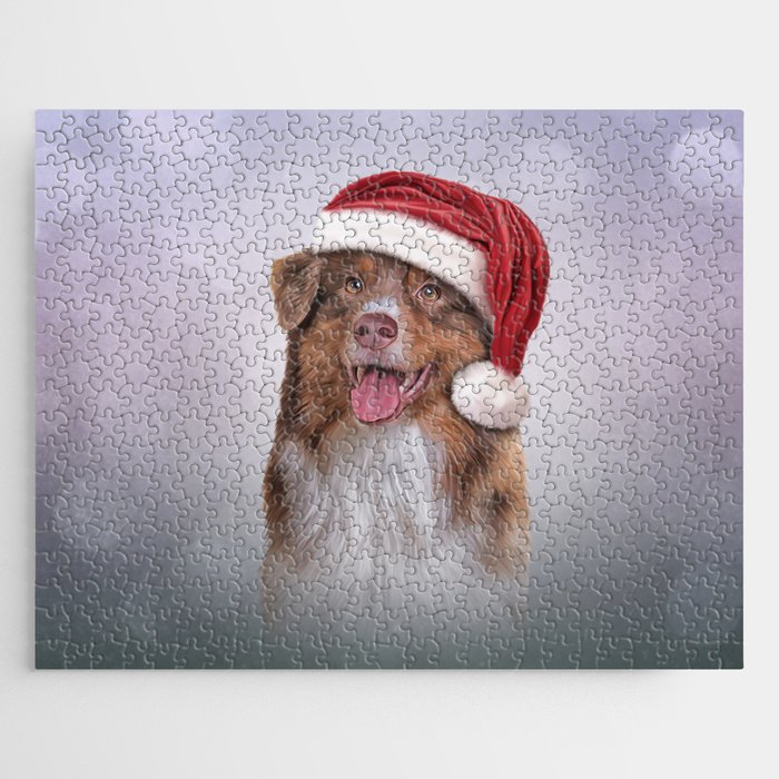 Dog Australian Shepherd in red hat of Santa Claus Jigsaw Puzzle