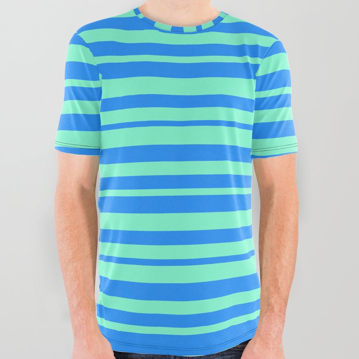 Aquamarine and Blue Colored Pattern of Stripes All Over Graphic Tee