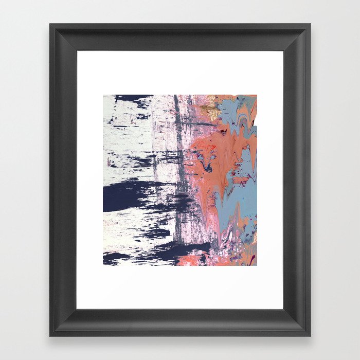 Leap of Faith: colorful abstract piece in blues, pinks, and gold Framed Art Print