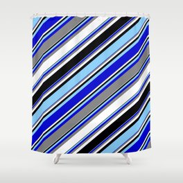 [ Thumbnail: Light Sky Blue, Blue, Gray, White, and Black Colored Striped Pattern Shower Curtain ]