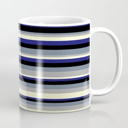 [ Thumbnail: Colorful Slate Gray, Dark Gray, Light Yellow, Midnight Blue, and Black Colored Lined/Striped Pattern Coffee Mug ]