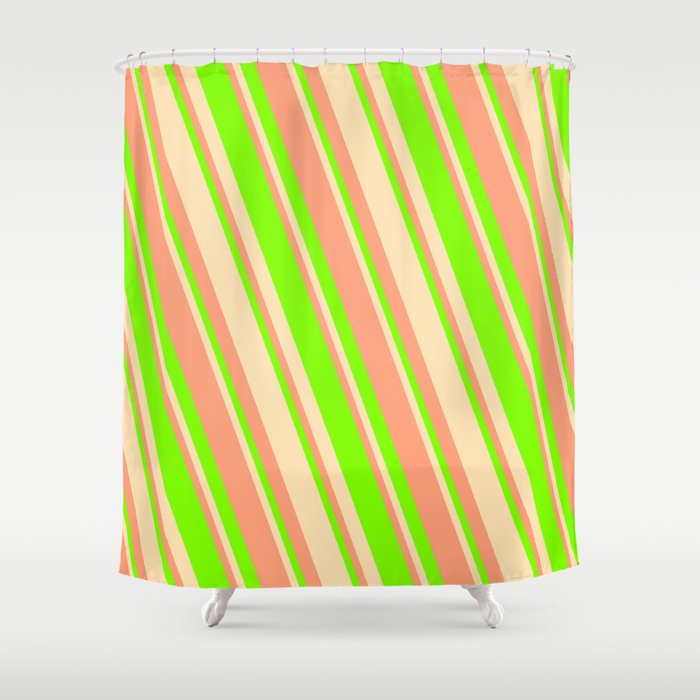 Beige, Light Salmon & Chartreuse Colored Stripes Pattern Shower Curtain