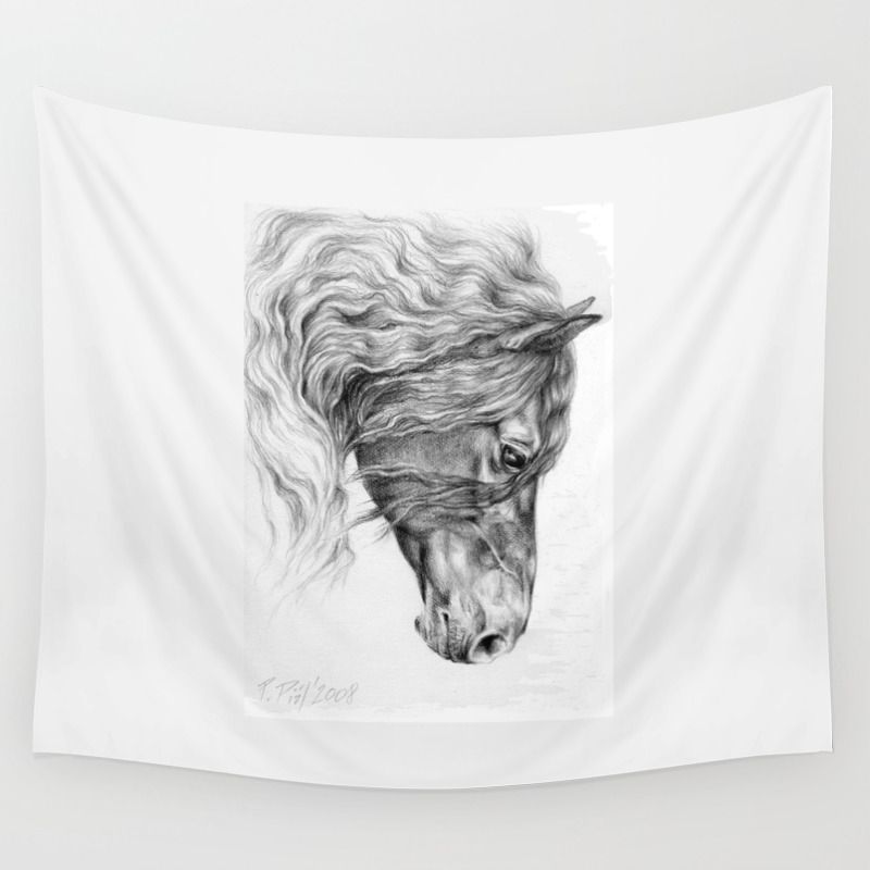 Black Friesian Horse Portrait Black White Pencil Drawing Wall