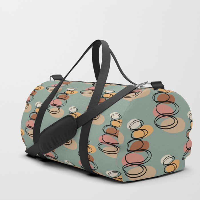 Modern minimalist balancing stones in earth tones illustration on calming green background Duffle Bag