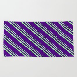 [ Thumbnail: Green and Indigo Colored Lined/Striped Pattern Beach Towel ]
