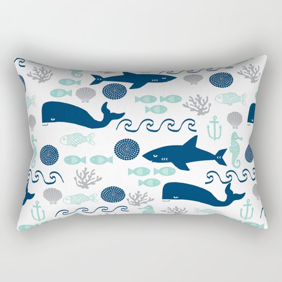Nautical ocean animals sharks whales seahorses wave pattern sea life Rectangular Pillow
