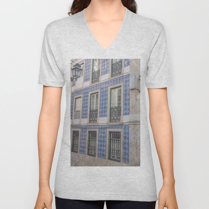 Blue azulejos on a corner building in Alfama, Lisbon, Portugal - street and travel photography V Neck T Shirt