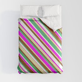 [ Thumbnail: Eye-catching Sea Green, White, Fuchsia, Pale Goldenrod, and Brown Colored Lined/Striped Pattern Comforter ]