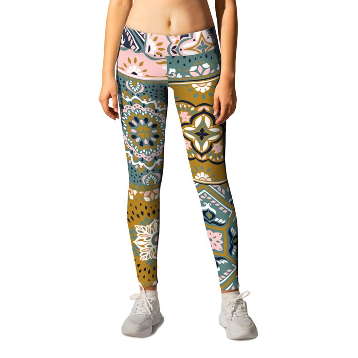 Mediterranean Blush, Saffron & Sage Decorative Tile Print Leggings