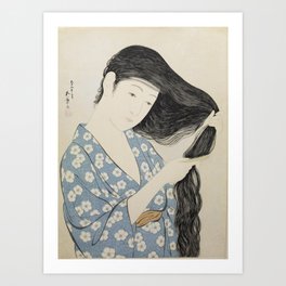 Woman in Blue Combing Her Hair - Hashiguchi Goyo Art Print