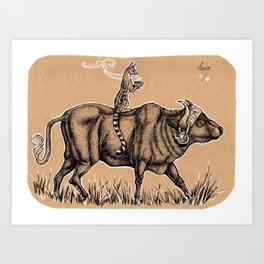 Teatime with waterbuffalo and genet Art Print