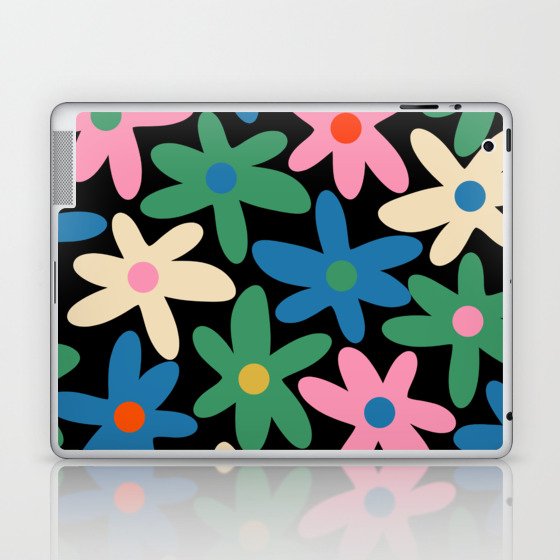 Daisy Time Colorful Retro Floral Pattern on Black Laptop & iPad Skin