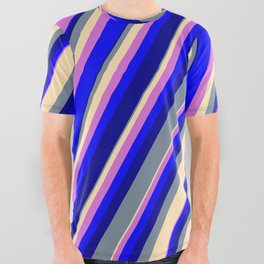 [ Thumbnail: Light Slate Gray, Beige, Orchid, Blue & Dark Blue Colored Striped Pattern All Over Graphic Tee ]