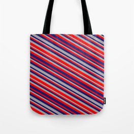 [ Thumbnail: Midnight Blue, Dark Grey & Red Colored Striped/Lined Pattern Tote Bag ]
