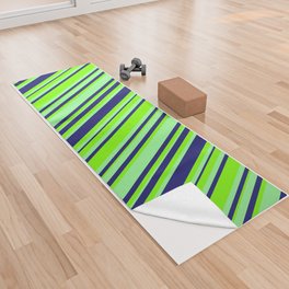 [ Thumbnail: Midnight Blue, Green & Chartreuse Colored Lined/Striped Pattern Yoga Towel ]