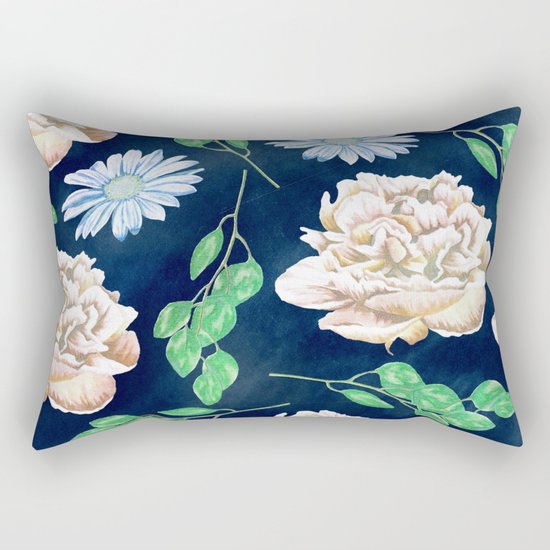 Rose Garden Navy Blue Antique Floral Pattern Rectangular Pillow