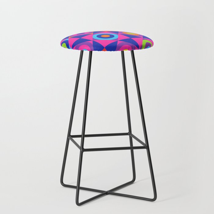 GEOMETRIC CIRCLE CHECKERBOARD TILES in GLAM 70s DISCO REVIVAL RAINBOW COLOURS PINK PURPLE RED ORANGE Bar Stool