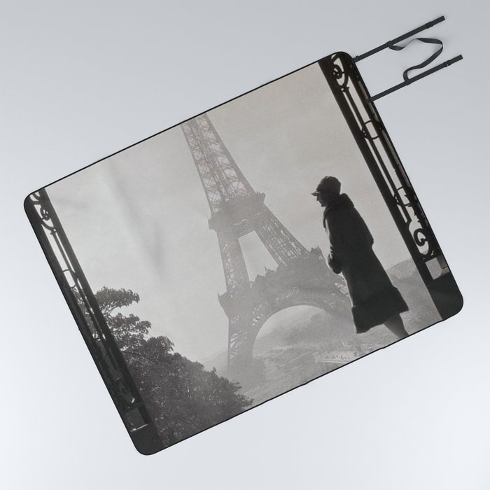 1920 Woman at the Gate, Eiffel Tower black and white photography / jazz age black & white photograph Picnic Blanket