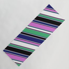 [ Thumbnail: Vibrant Orchid, Sea Green, Midnight Blue, White & Black Colored Lines Pattern Yoga Mat ]