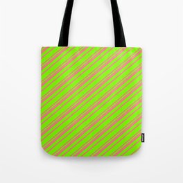 [ Thumbnail: Green and Light Coral Colored Striped Pattern Tote Bag ]