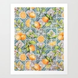 Mediterranean Vintage Summer Blue And Brown Tiles With Fruity Oranges Art Print