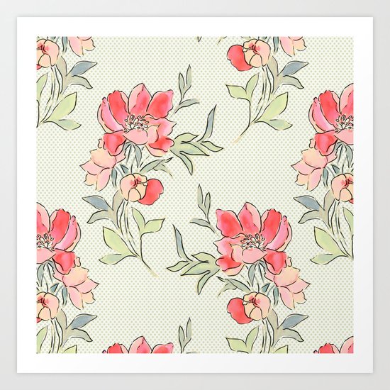 Vintage Floral Green Dot Art Print