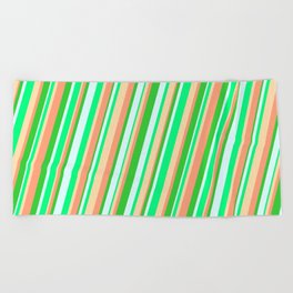 [ Thumbnail: Vibrant Light Cyan, Green, Tan, Light Salmon & Lime Green Colored Striped Pattern Beach Towel ]