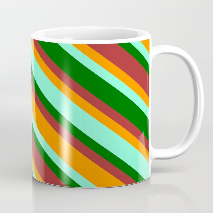 Aquamarine, Dark Green, Brown & Dark Orange Colored Pattern of Stripes Coffee Mug
