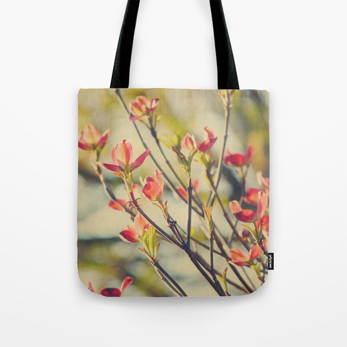 Vintage Red Dogwood Tree Flowers in Spring Warm Sunny Botanical Tote Bag