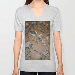 Antique French Chinoiserie in Tan & White V Neck T Shirt