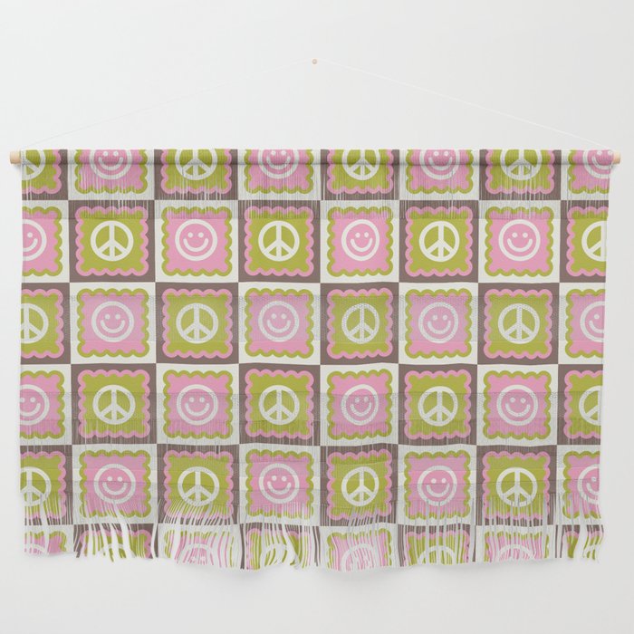 Funky Checkered Smileys and Peace Symbol Pattern  Wall Hanging