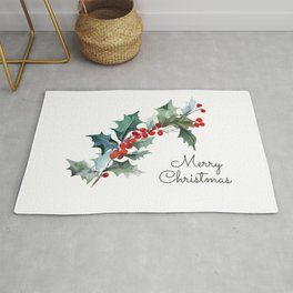 Holly Branch Merry Christmas  Rug | Rustic, Classic, Nature, Botanical, Redandgreen, Watercolor, Contemporary, Painting, Christmasberries, Holly 