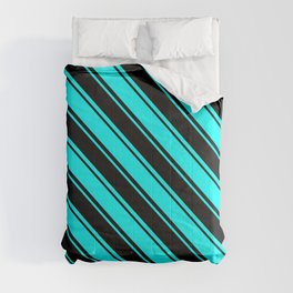 [ Thumbnail: Cyan & Black Colored Stripes Pattern Comforter ]