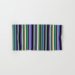 [ Thumbnail: Eyecatching Medium Slate Blue, Green, Beige, Dark Slate Blue, and Black Colored Stripes Pattern Hand & Bath Towel ]