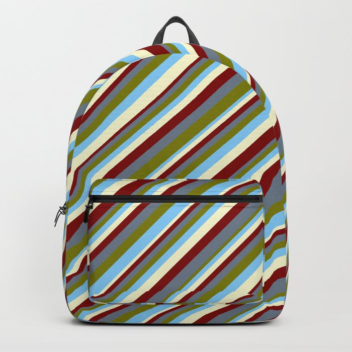Maroon, Slate Gray, Green, Light Sky Blue, and Light Yellow Colored Stripes/Lines Pattern Backpack