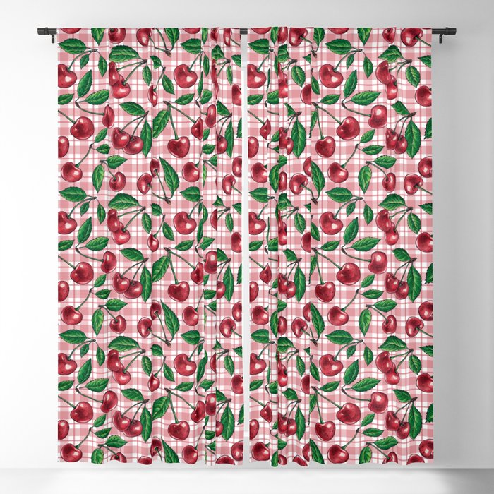 Red cherries on pink gingham Blackout Curtain