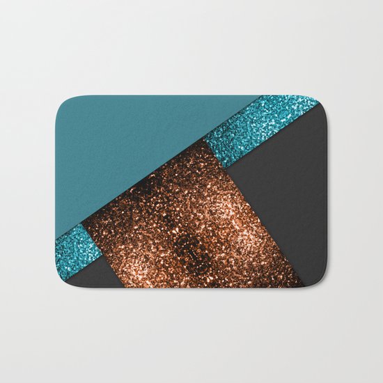 Aqua blue and bronze sparkles modern color block art Bath Mat