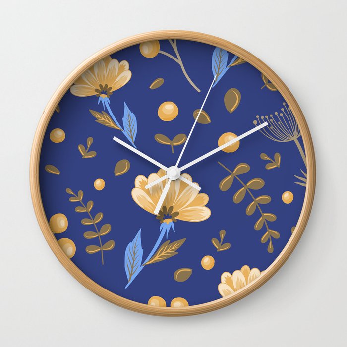 pattern with orange flowers, berries, branches on a dark blue background Wall Clock