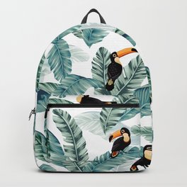 Toucans and Banana Leaves on White Backpack