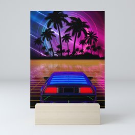 Neon landscape: Synthwave horizon & car [synthwave/vaporwave/cyberpunk] — aesthetic poster, retrowav Mini Art Print