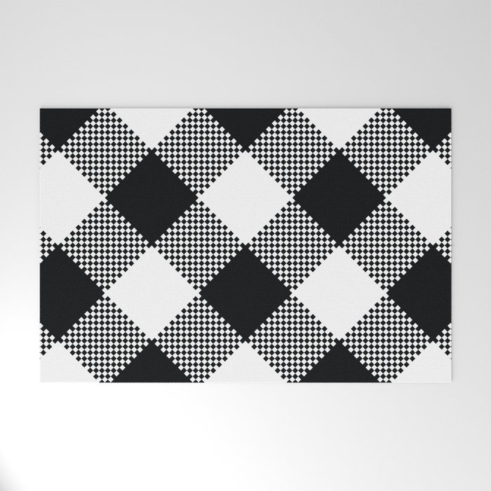 Black & White Large Diagonal Gingham Pattern Welcome Mat