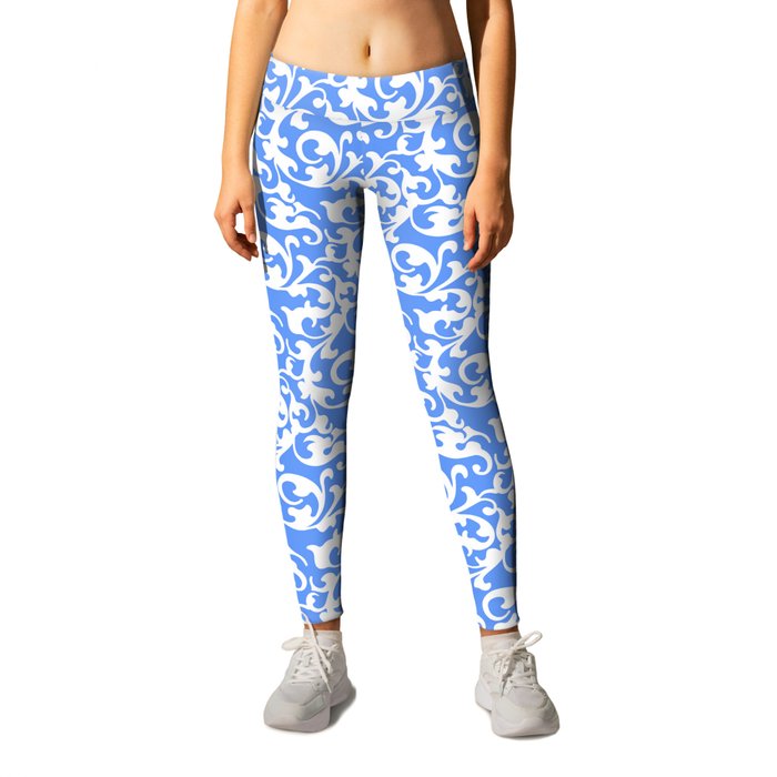 Blue and White Renaissance Scroll Leggings by Antique Images | Society6